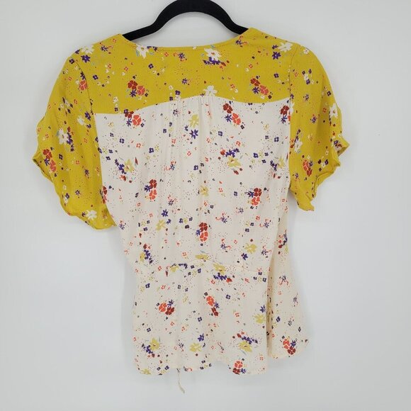 Meadow Rue womens 10 Anthro yellow white floral Bon Voyage wrap blouse boho - Picture 9 of 10